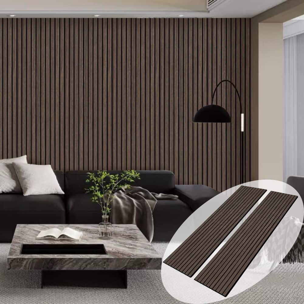 Owndeign 0.2 in. x 1 ft. x 8 ft. Brown Wood Slat Acoustic Panels 3D Decorative Wall Paneling Peel and Stick (2-Piece) (2)