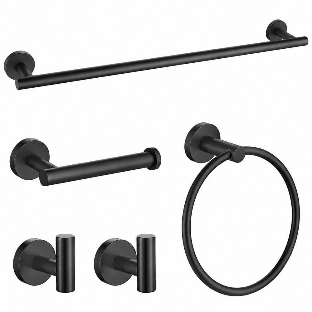 KHKFY Matte Black 5-Piece Bathroom Hardware Set, SUS304 Stainless Steel, 24 Inch Towel Bar, Wall Mounted (1)