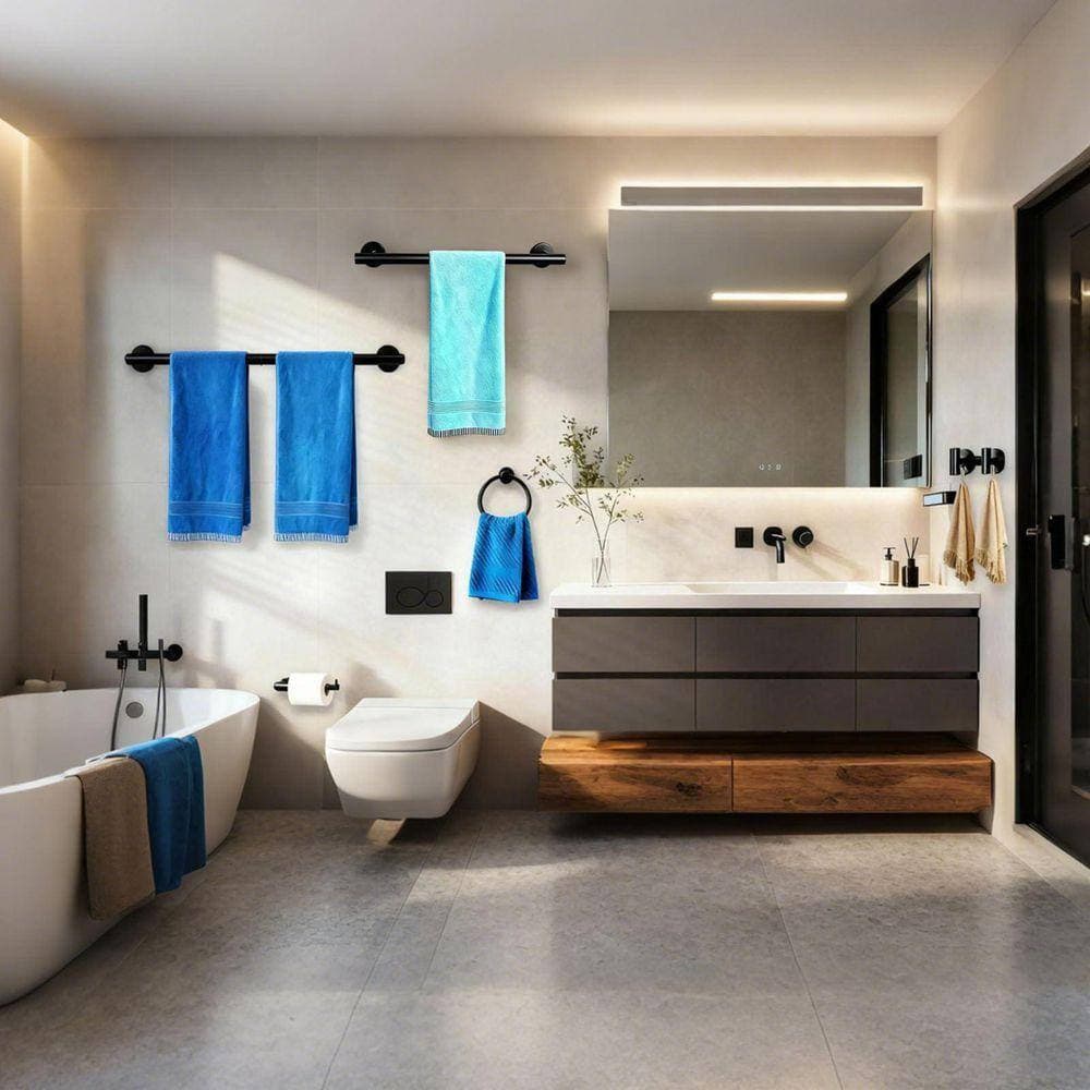 JFVKAF 5-Piece Bathroom Hardware Set with Towel Bar, Towel Holder, Toilet Paper Holder in Matte Black Finish (2)