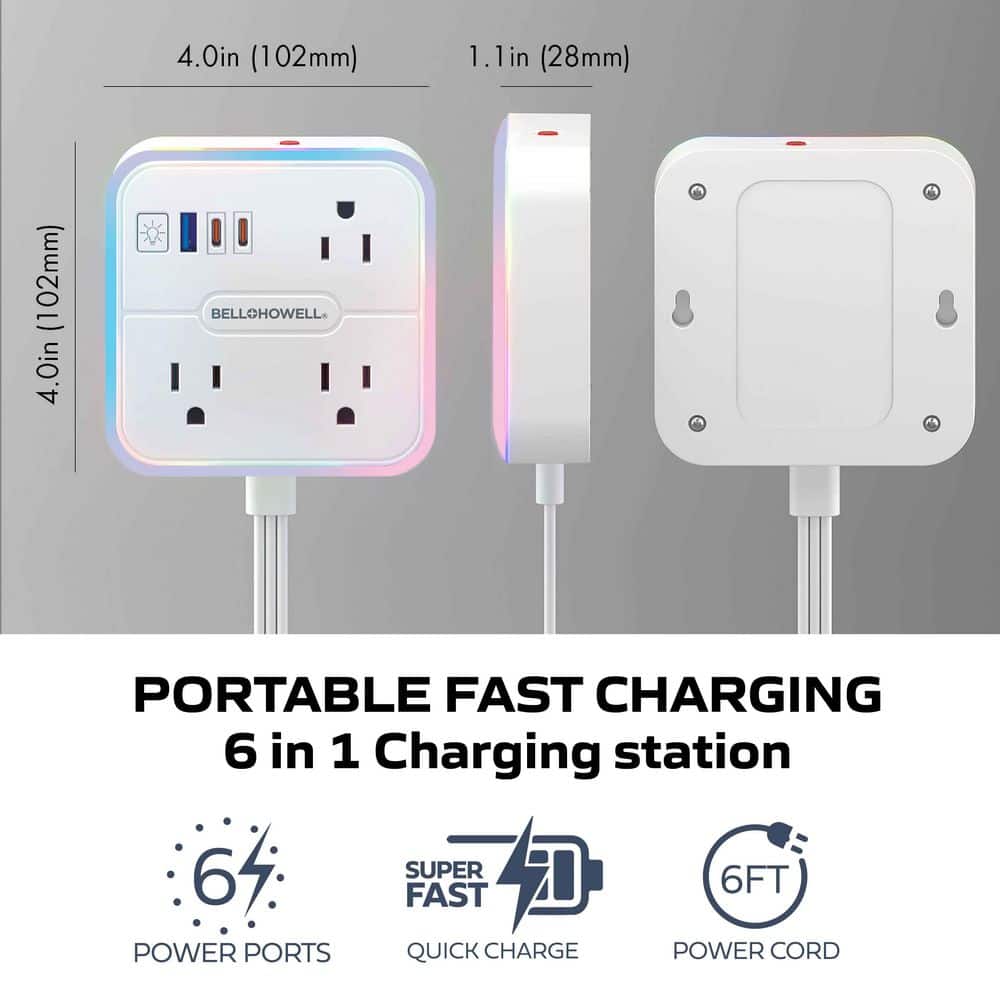 Bell + Howell LED Multi Power Station 3 AC Outlets,1 USB-A and 2 USB-C Ports Charging Extension w/ RGB Night Light and Surge Protector (2)