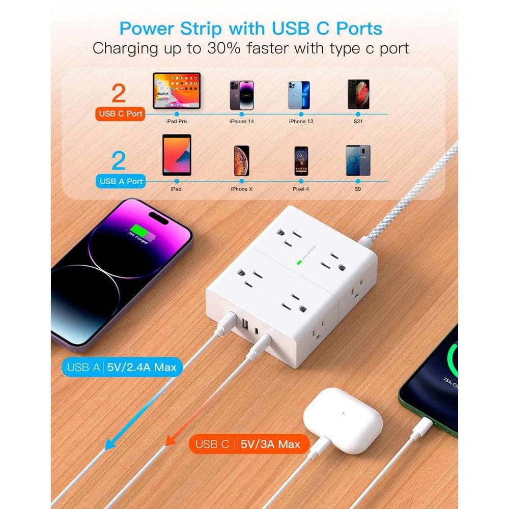 Unbranded 15 ft. Extension Cord 8-Outlet Surge Protector with 4 USB Ports 2 USB-C Ports, Flat Plug, Overload Protection (3)