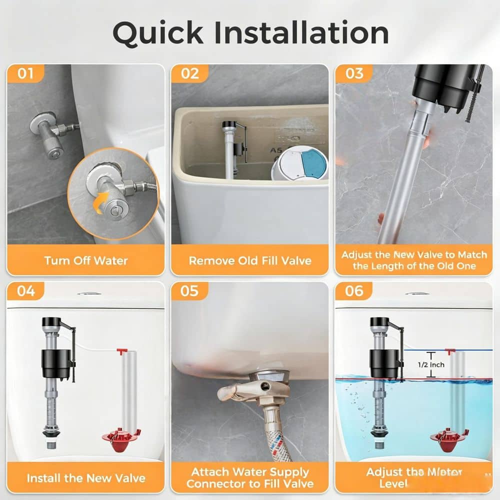 Numhew Universal 1‑Piece Bath Hardware Set Included Toilet Fill Valve and Flapper Replacement Kit in Gray (3)