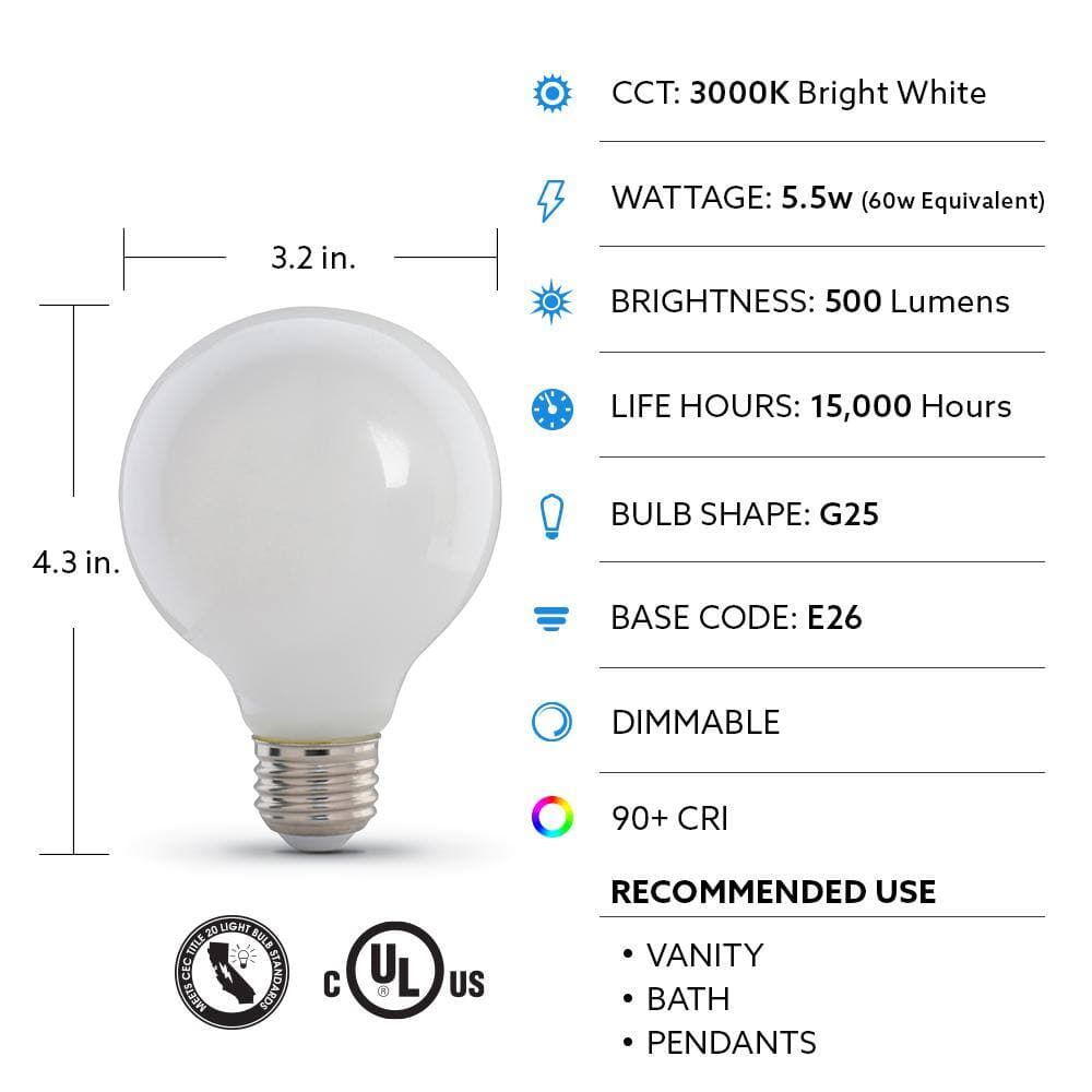Feit Electric 60-Watt Equivalent G25 Globe Dimmable Filament White CEC Title 20 E26 LED Vintage Edison LIght Bulb, Bright White 3-Pack (4)