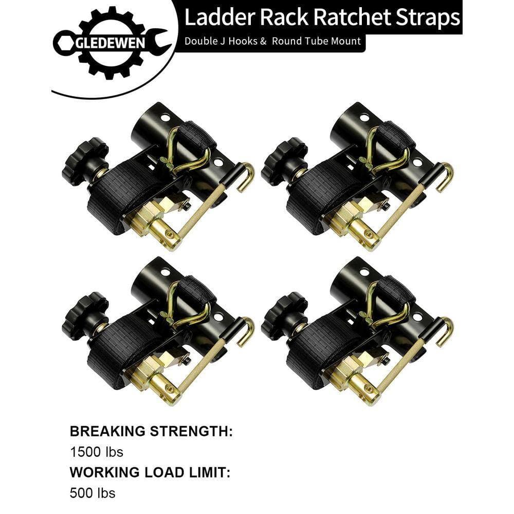 Angel Sar 4-Piece 500 lb. Ladder Rack Ratchet Straps with J-Hook, Black Retractable Ratchet Tie Down Strap Roof Rack (2)