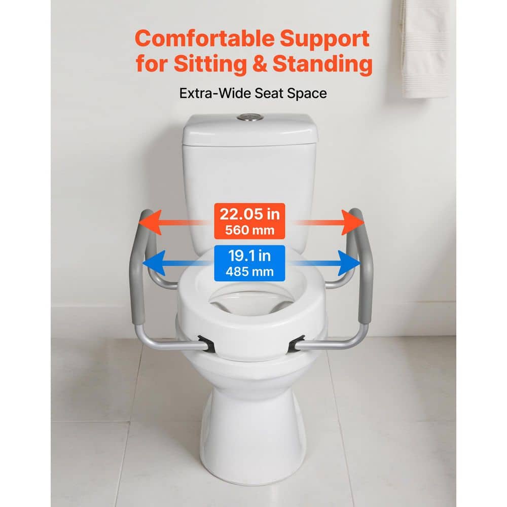 SKYSHALO 19.7 in. x 22.05 in. Elongated Toilet Seat in White, 300 lbs. Capacity, Widened Riser with Padded Handles for Seniors (2)