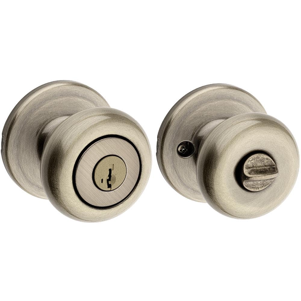 Kwikset Juno Antique Brass Entry Door Knob Featuring SmartKey Security with Microban Antimicrobial Technology