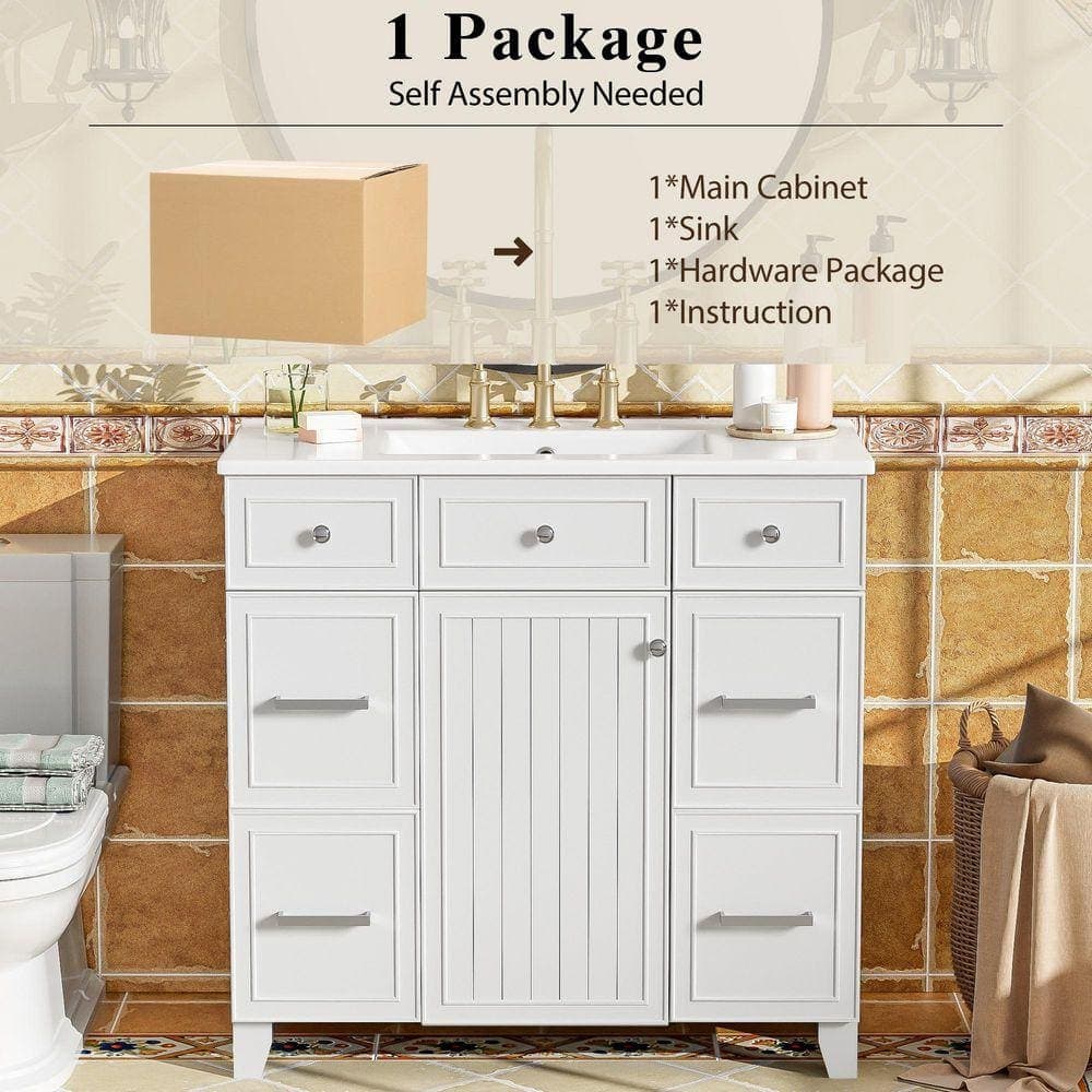 Xuanlur 36 in. Wood Bathroom Vanity, Ceramics Sink Top Combo Set White Single Sink, Shaker Cabinet with Soft Closing (3)