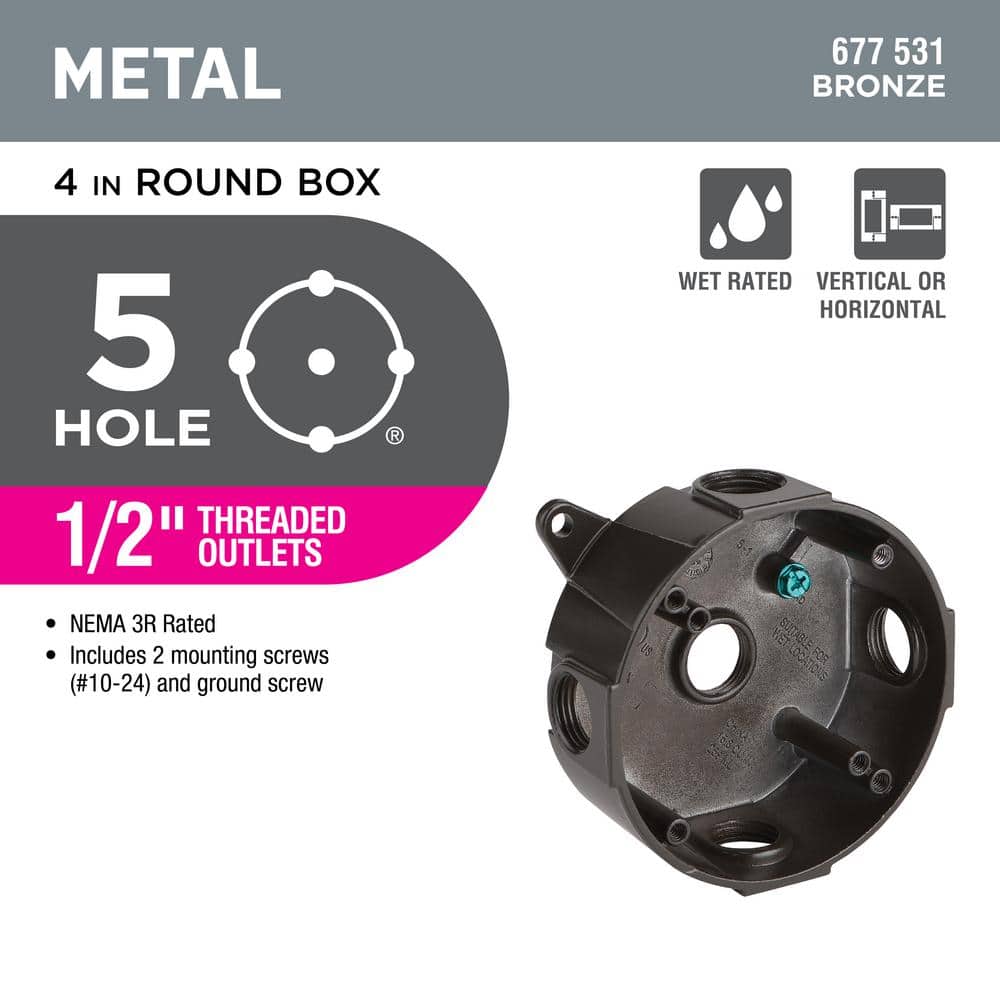 Commercial Electric 4 in. Round Metallic Weatherproof Outlet Box with (5) 1/2 in. Holes, Bronze (2)