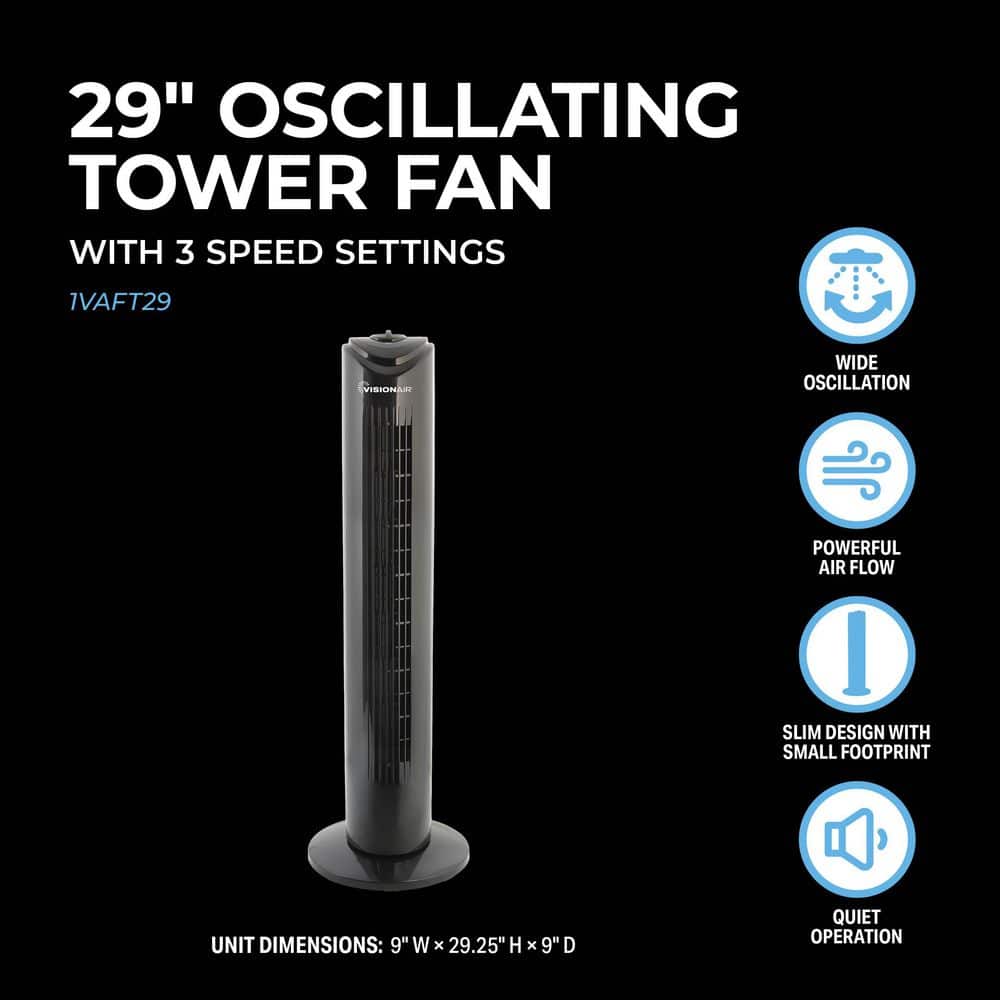 VISIONAIR 29 in. 3 Fan Speeds Oscillating Tower Fan in Black (3)