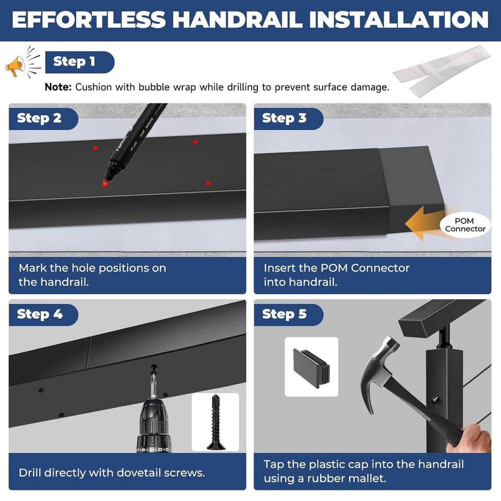 KIWDZFU 2.36 in. H x 96 in. W Black Aluminum Rectangular Handrail, Coastal Projects, DIY, Stair Railing Kit, 8 Nylon End Caps (3)