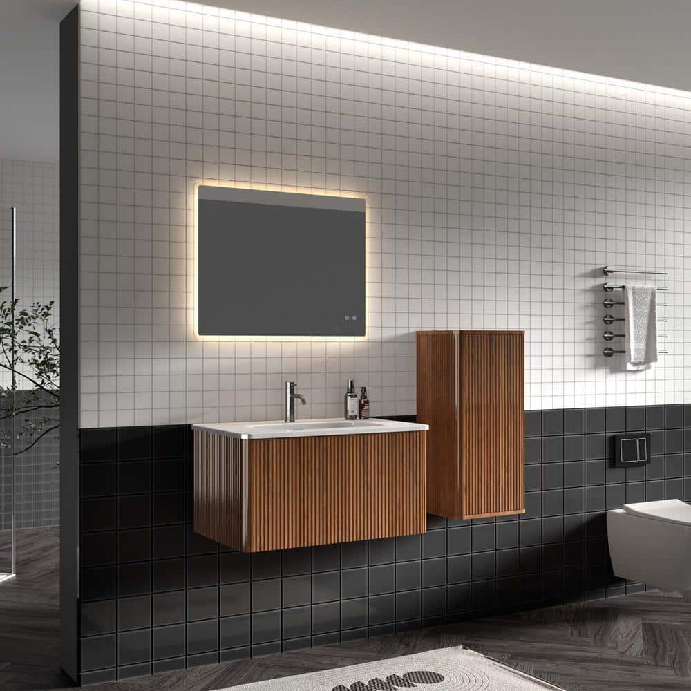 Unbranded 14.17 in. W x 11.41 in. D x 29.52 in. H Bathroom Storage Wall Cabinet in Walnut for Small Spaces (2)