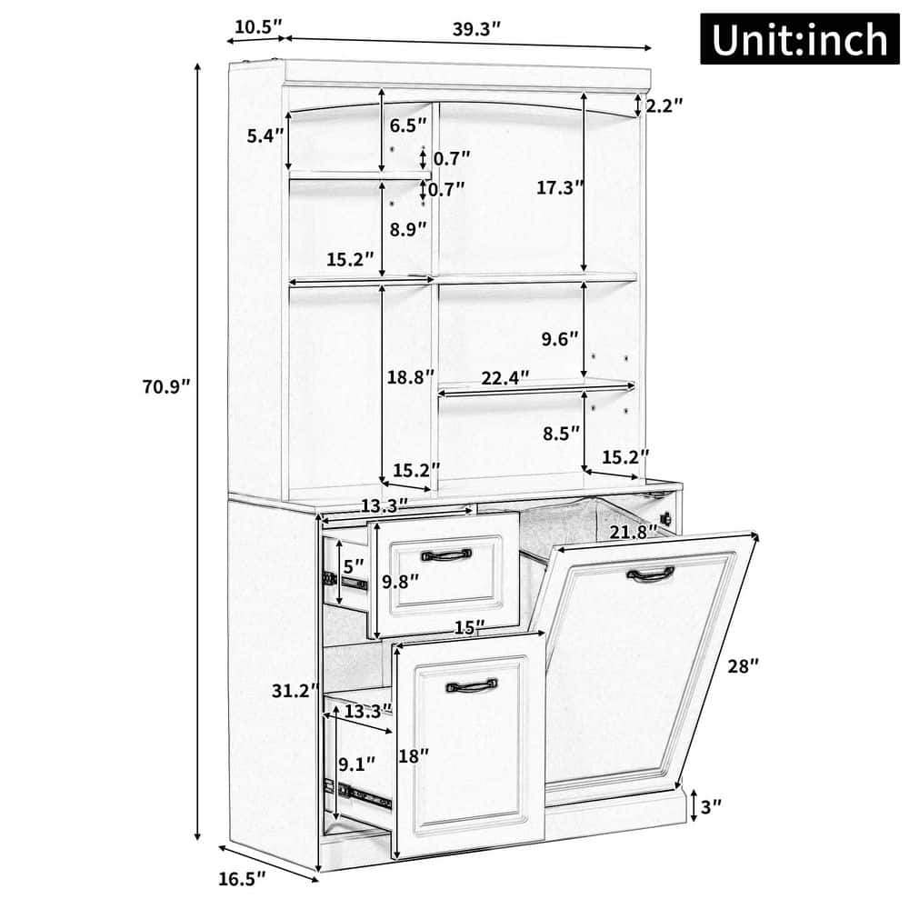 Lycvki 39.3 in. W x 16.5 in. D x 70.9 in. H White Linen Cabinet with Drawers and Adjustable Shelves, Steel Handles (3)