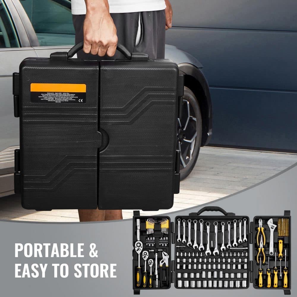 SKYSHALO 207-Piece Mechanics Tool Set, 1/4 in. 3/8 in. 1/2 in. Drive Sockets, SAE and Metric Mechanic Tool Kit with Bits Wrenches (2)
