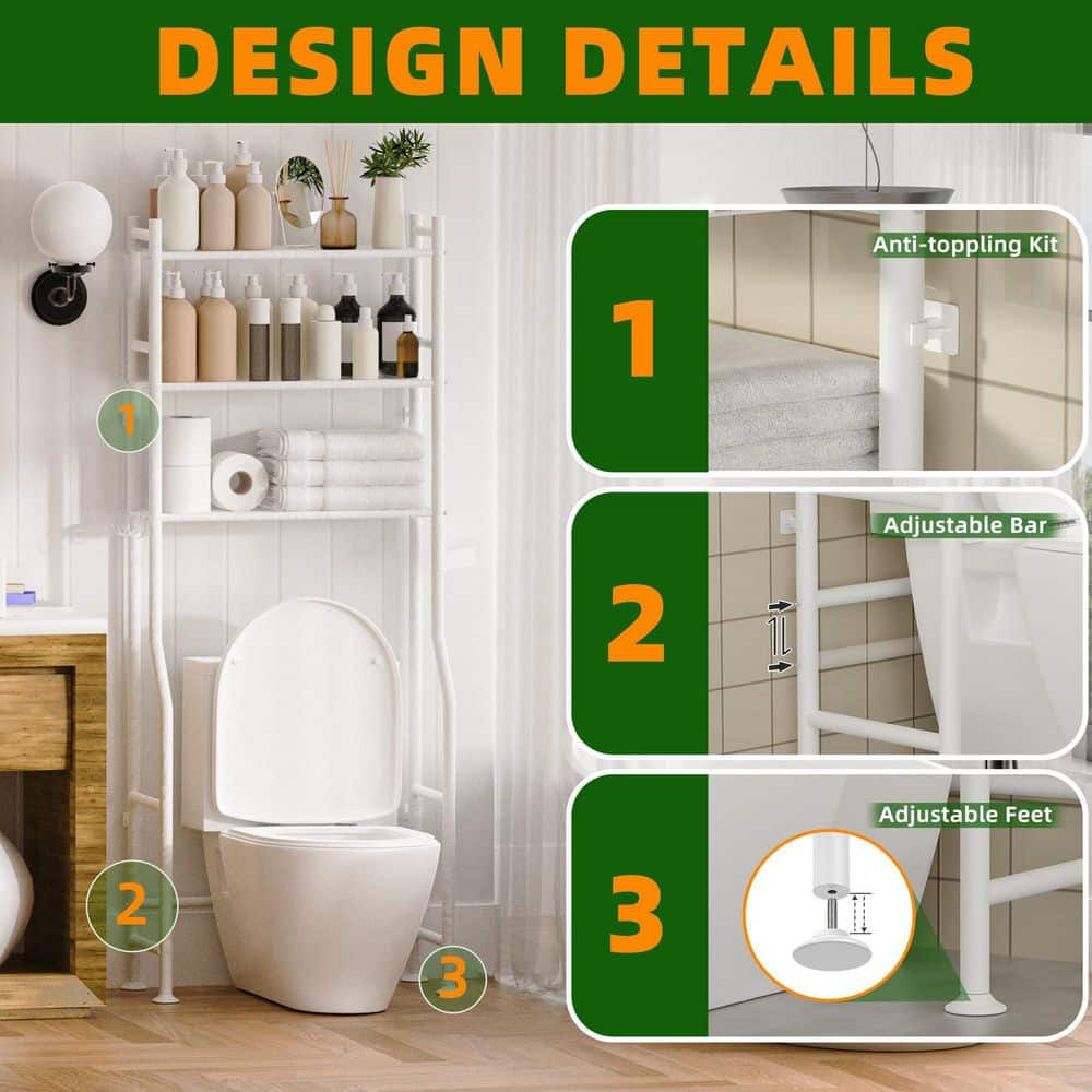 Numhew 1-Piece Metal 3-Tier Over The Toilet Storage, Space Saver Bathroom Shelves, Freestanding Storage Shelf, 4 Hooks in White (3)