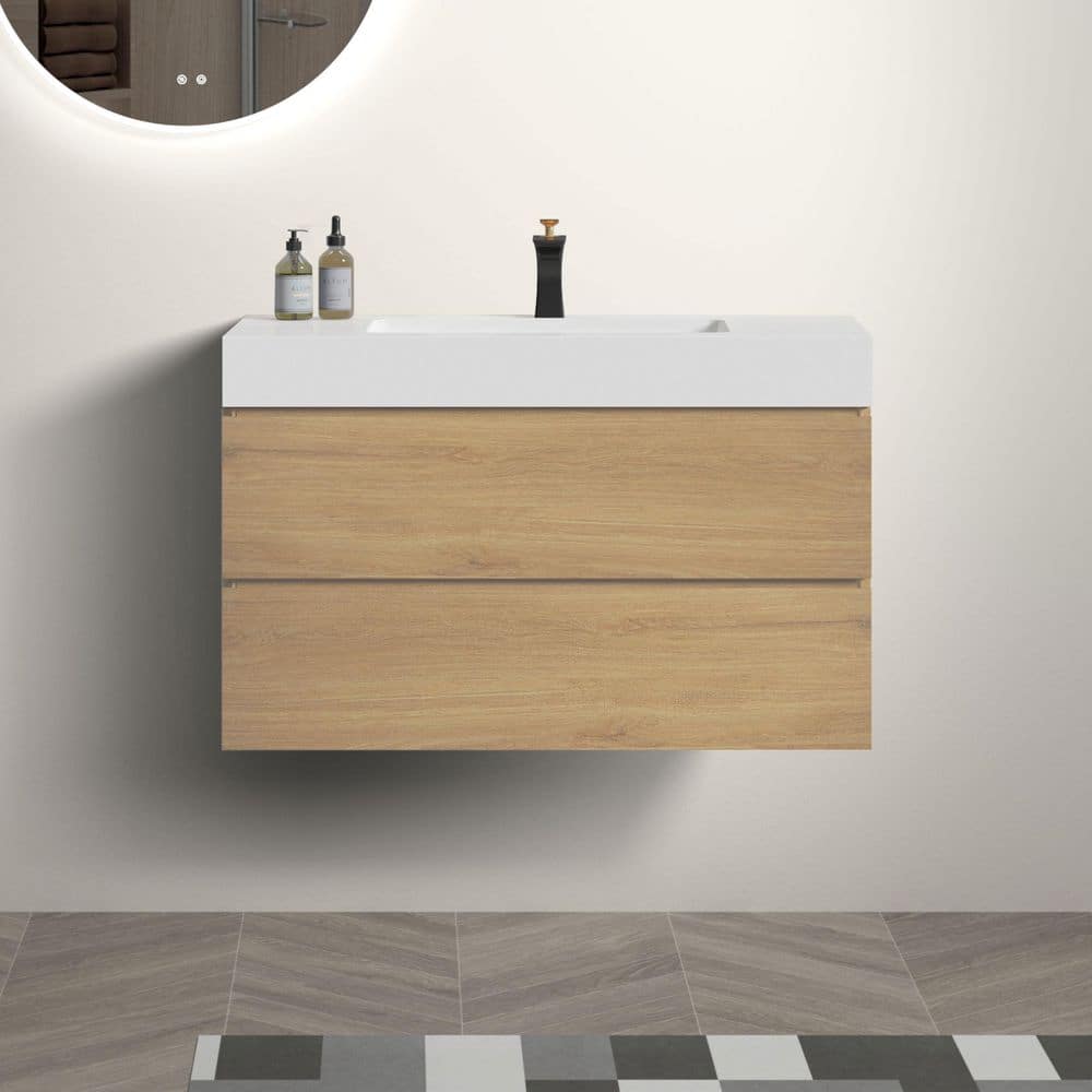 Noble House Sage Modern 35.5 in. Floating Bath Vanity Cabinet without Top Natural with 2-Drawers, Assembled (3)