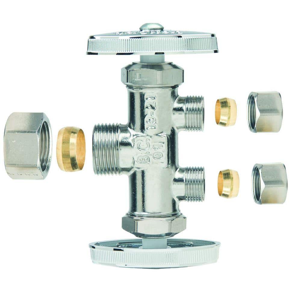 BrassCraft 1/2 in. Nom Comp Inlet x 3/8 in. O.D. Comp x 3/8 in. O.D. Comp Dual Outlet Dual Shut-Off Chrome Plated Straight Valve (2)