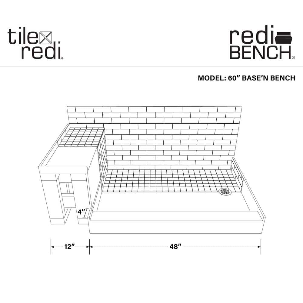 Tile Redi Base'N Bench 30 in. 60 in. Single Threshold Shower Base and Bench Kit with Drain and Drain Plate (4)