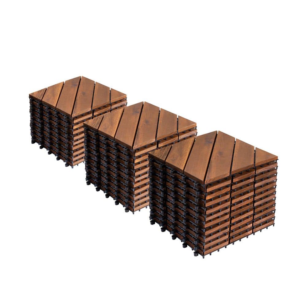 GOGEXX 1 ft. x 1 ft. Acacia Wood Checker Pattern Square Interlocking Diagonal Pattern Flooring Deck Tile in Brown(27 Per Set) (1)