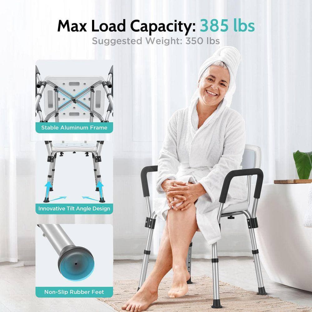 Lynzavix 16.1 in. W Freestanding Shower Seat with Adjustable Height, Removable Armrests, Anti-Slip, Elderly and Disabled Silver (3)