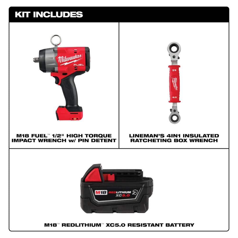 Milwaukee M18 FUEL 18V Lith-Ion Brushless Cordless High Torque 1/2 in. Impact Wrench w/ 5.0 Ah Battery & Lineman's Wrench (3)