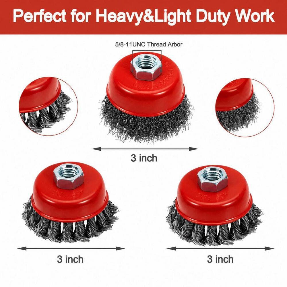 LAIFUCAM 4 1/2 in. Angle Grinder Wire Wheel Set with 4 in. and 3 in. Knotted Coarse Crimped Wheels Cup Brush 1 Set (3)