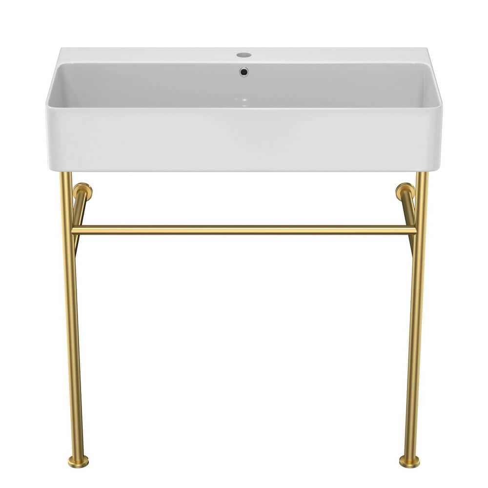 Unbranded 31.5 in. L X 16.3 W White Ceramic Rectangular Console Sink Basin and Leg Combo with Overflow and Gold Legs