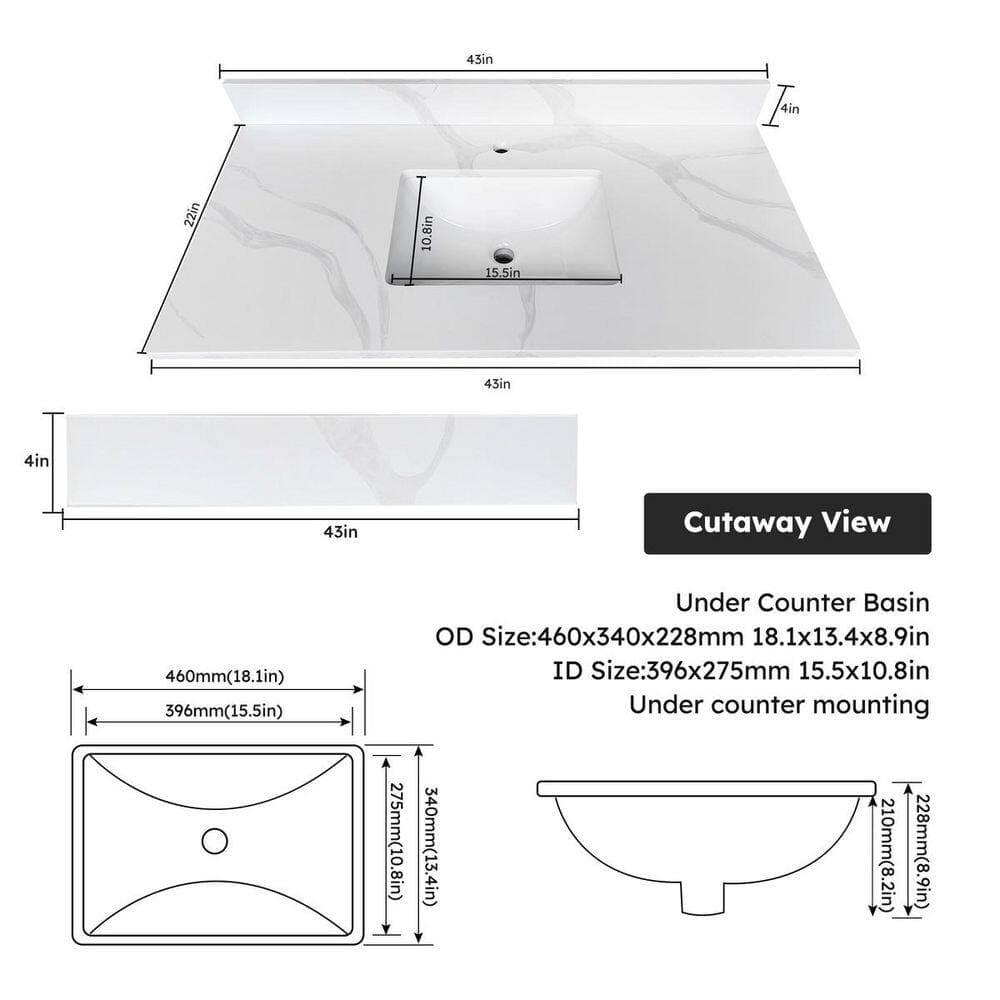 LIVACA 43 in. 22 in. Drop-In Bathroom Sink in Carrara White Quartz with Undermount Single Bowl, Backsplash and Faucet Hole (2)