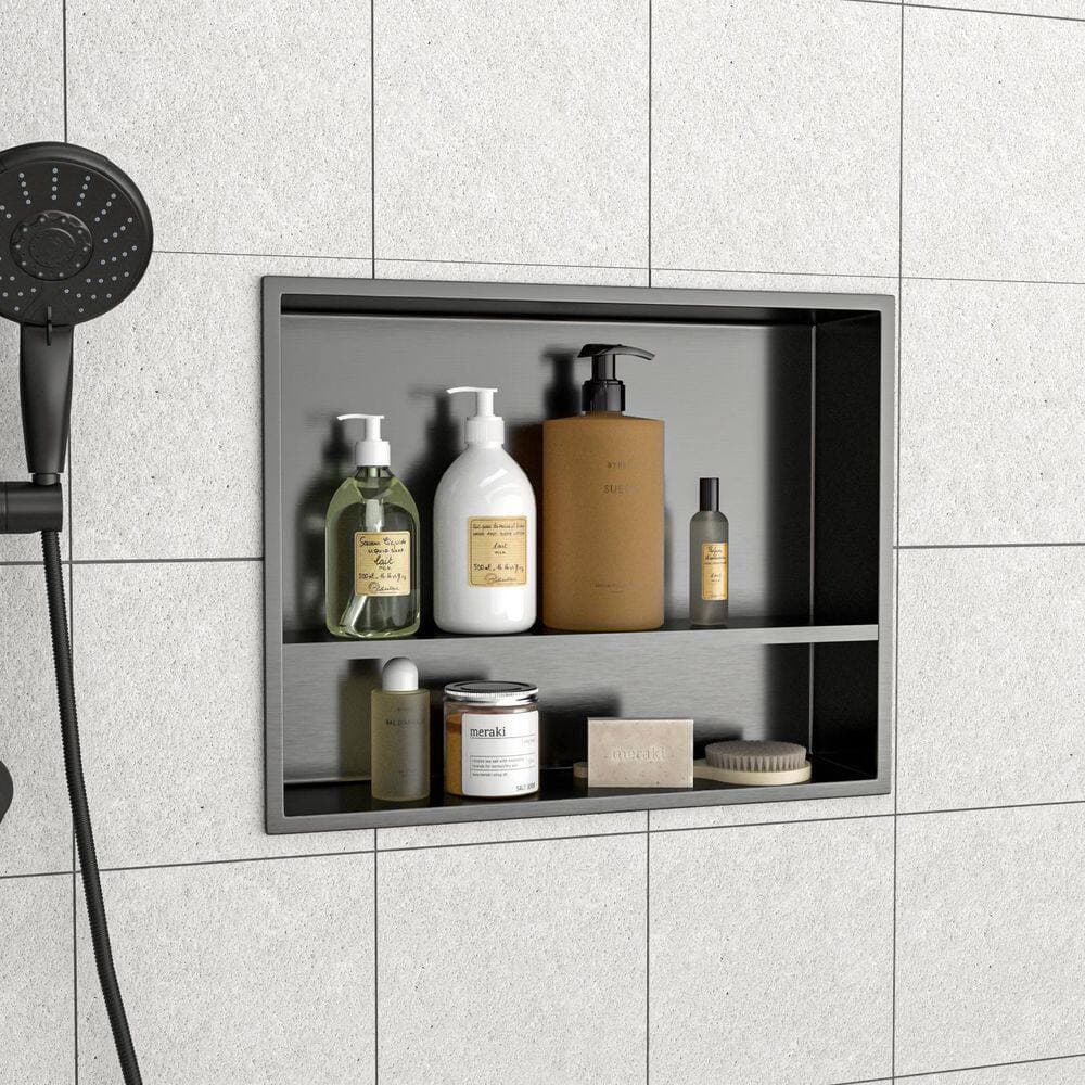 Afhocomp 19 in. W x 15 in. H x 3.94 in. D Stainless Steel Shower Niche Set of 1-Piece in Gunmetal Black with Low Profile, Shelves (2)