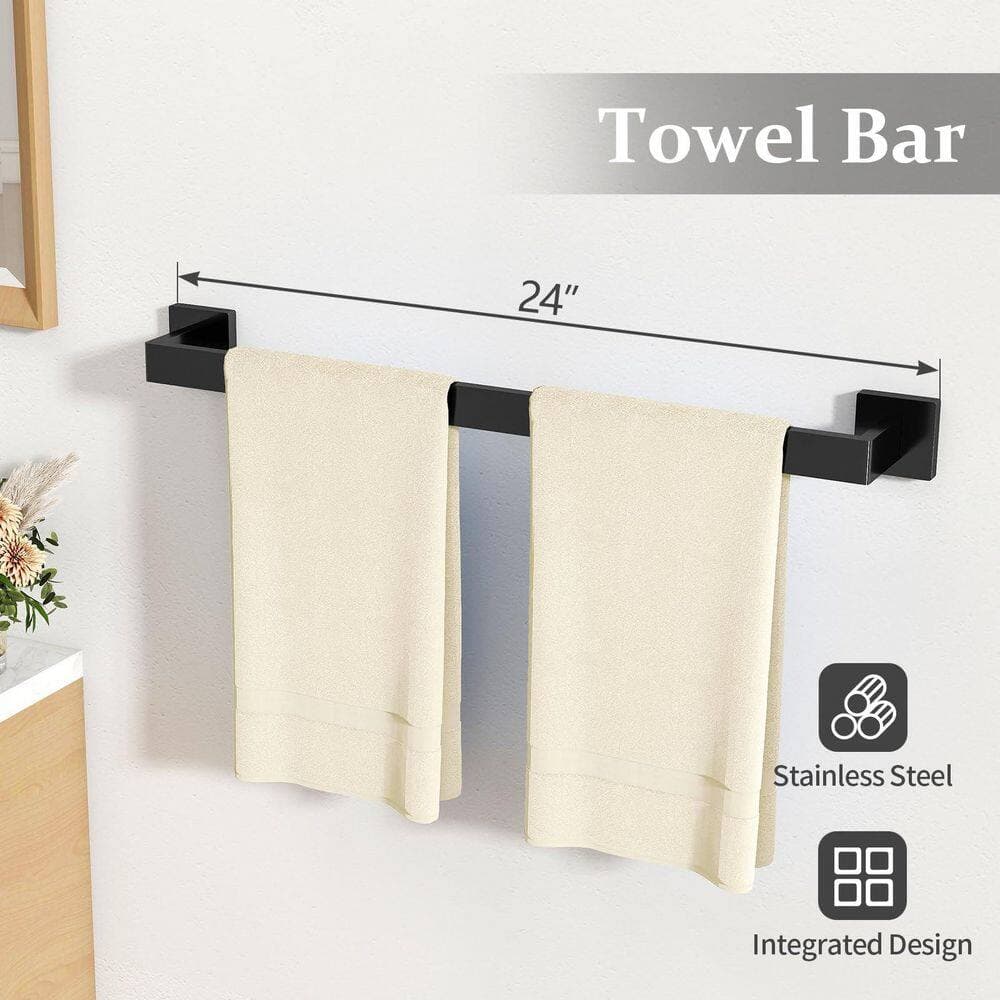 Unbranded 10-Piece Matte Black Stainless Steel Bathroom Hardware Set Wall Mounted 24 in. Towel Bar Ring Holder (2)