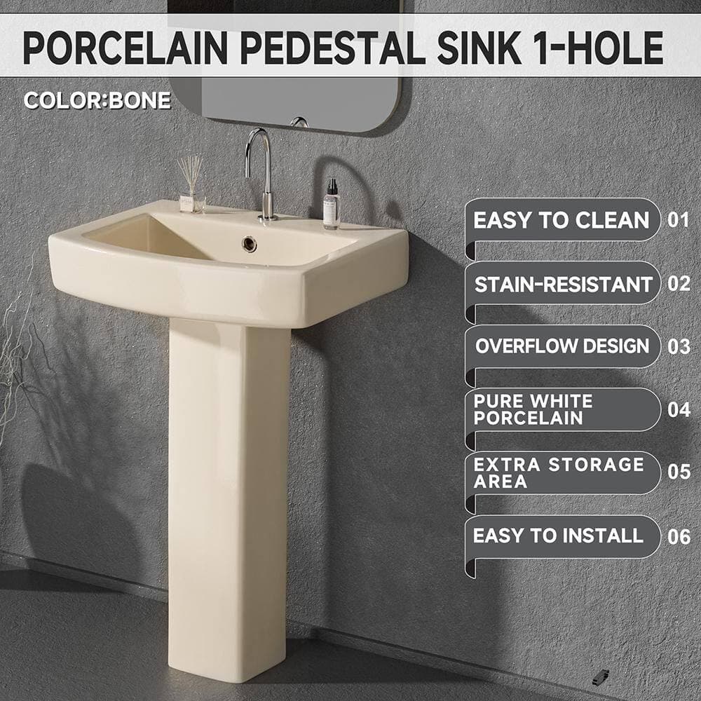Unbranded 22 in. W Pedestal Sink Rectangular Ceramic Bathroom Pedestal Sink Combo in Bone with Overflow 1 Predrilled Faucet Hole (2)