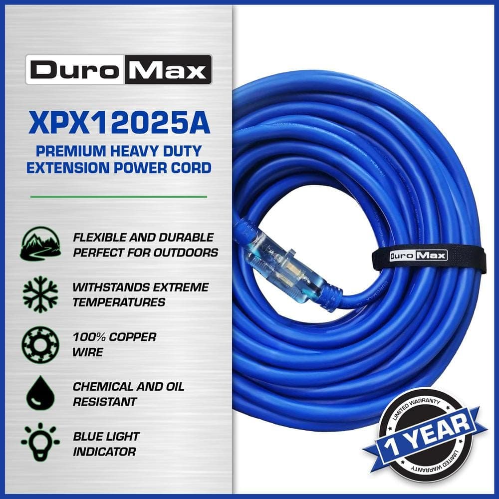 DUROMAX 25 Ft 12/3 SJEOOW 15 Amp 120-Volt 1875-Watt Indoor/Outdoor -58° F - 221° F Single Tap Blue Lighted Extension Power Cord (2)