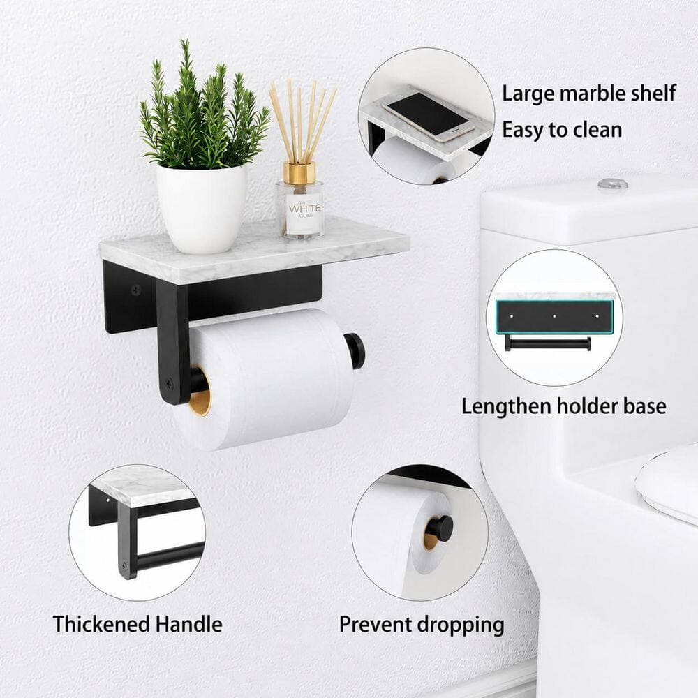 KHKFY Marble Toilet Paper Holder with Shelf, 304 Stainless Steel Wall Mount, Matte Black, 6.7 x 3.9 x 2.4 Inch (2)