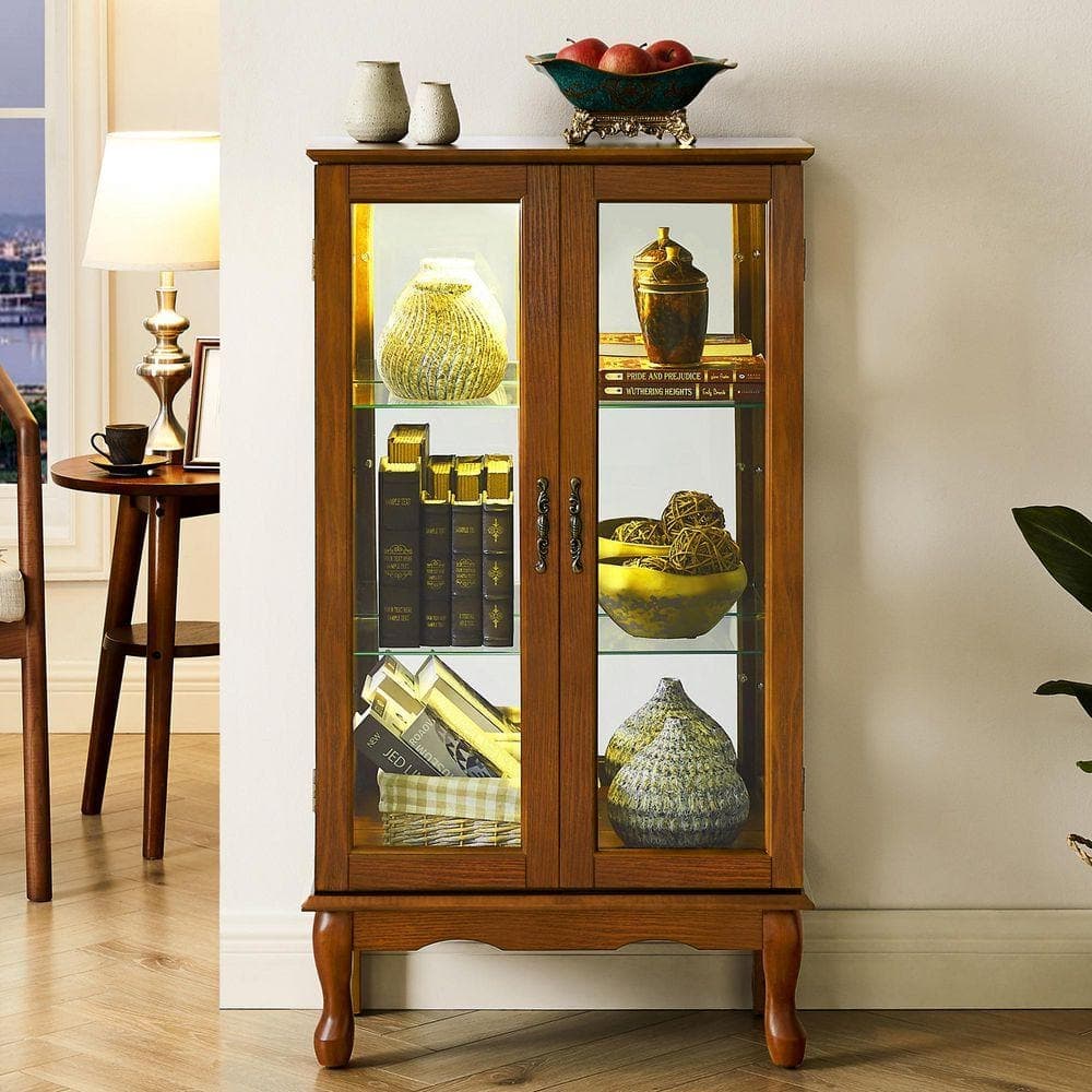 XUJMK 26 in. W x 12 in. D x 44 in. H Brown Linen Cabinet Curio Cabinet Lighted with Adjustable Shelves and Mirrored Back Panel (1)