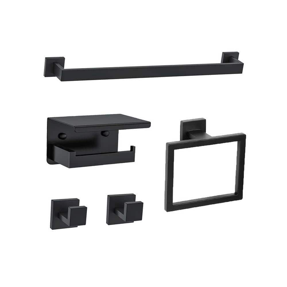 JFVKAF 5-Piece Bathroom Hardware Accessories Set with Toilet Paper Holder Shelf Towel Bar Hooks in Matte Black Finish (1)