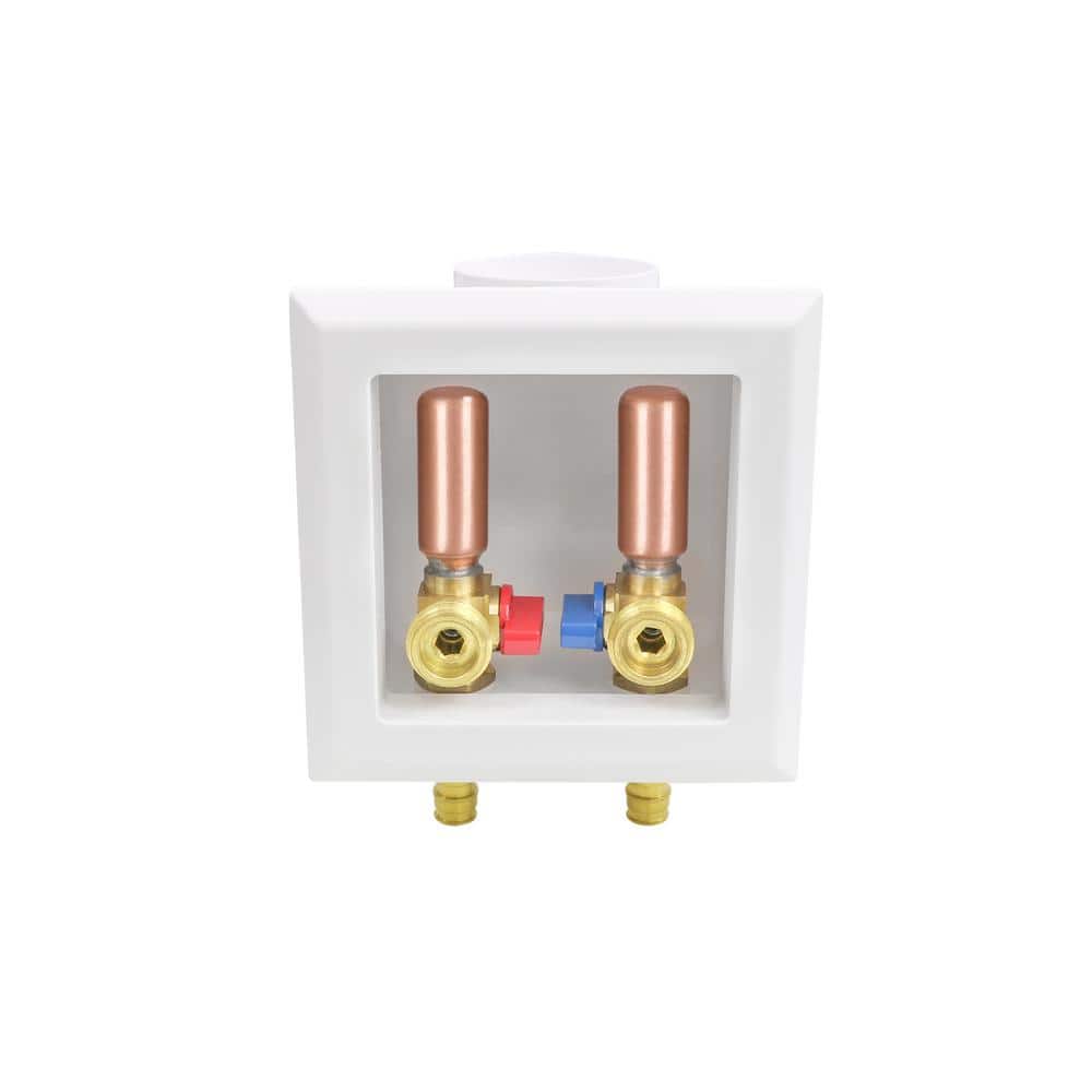 PLUMBFLEX 1/2 in. F1960 PEX Brass Valve Fittings in White ABS Plastic Washing Machine Compact Outlet Box with Hammer Arrester (2)