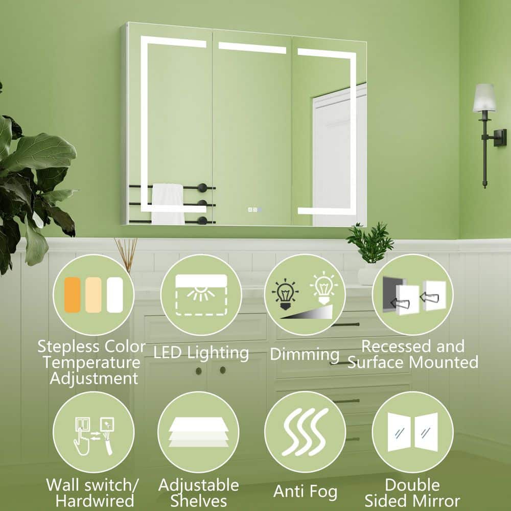 ExBrite 48 in. W x 36 in. H Rectangular Silver Aluminum Recessed/Surface Mount Medicine Cabinet with Mirror, LED (3)