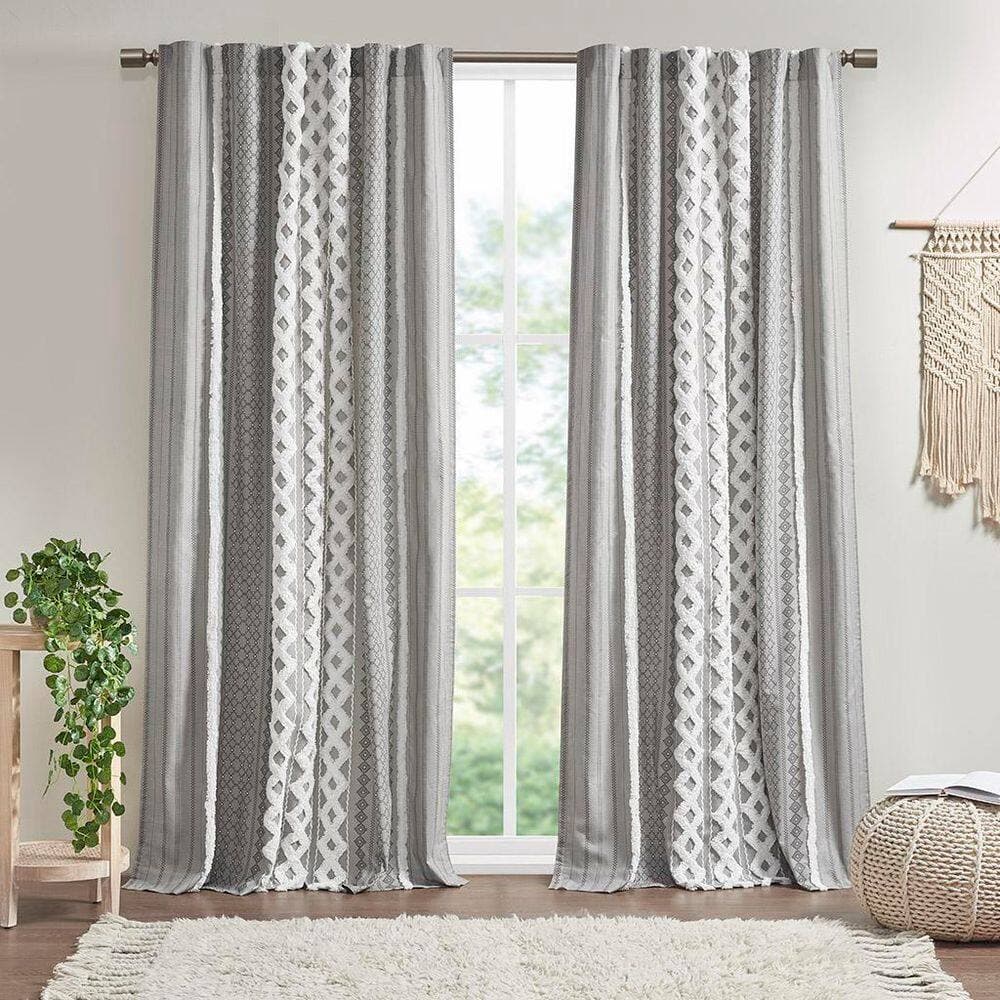 Unbranded 84 in. W x 50 in. L Cotton Printed Shower Curtain in Gray with Chenille Stripe and Lining for Living Room, Bedroom (3)