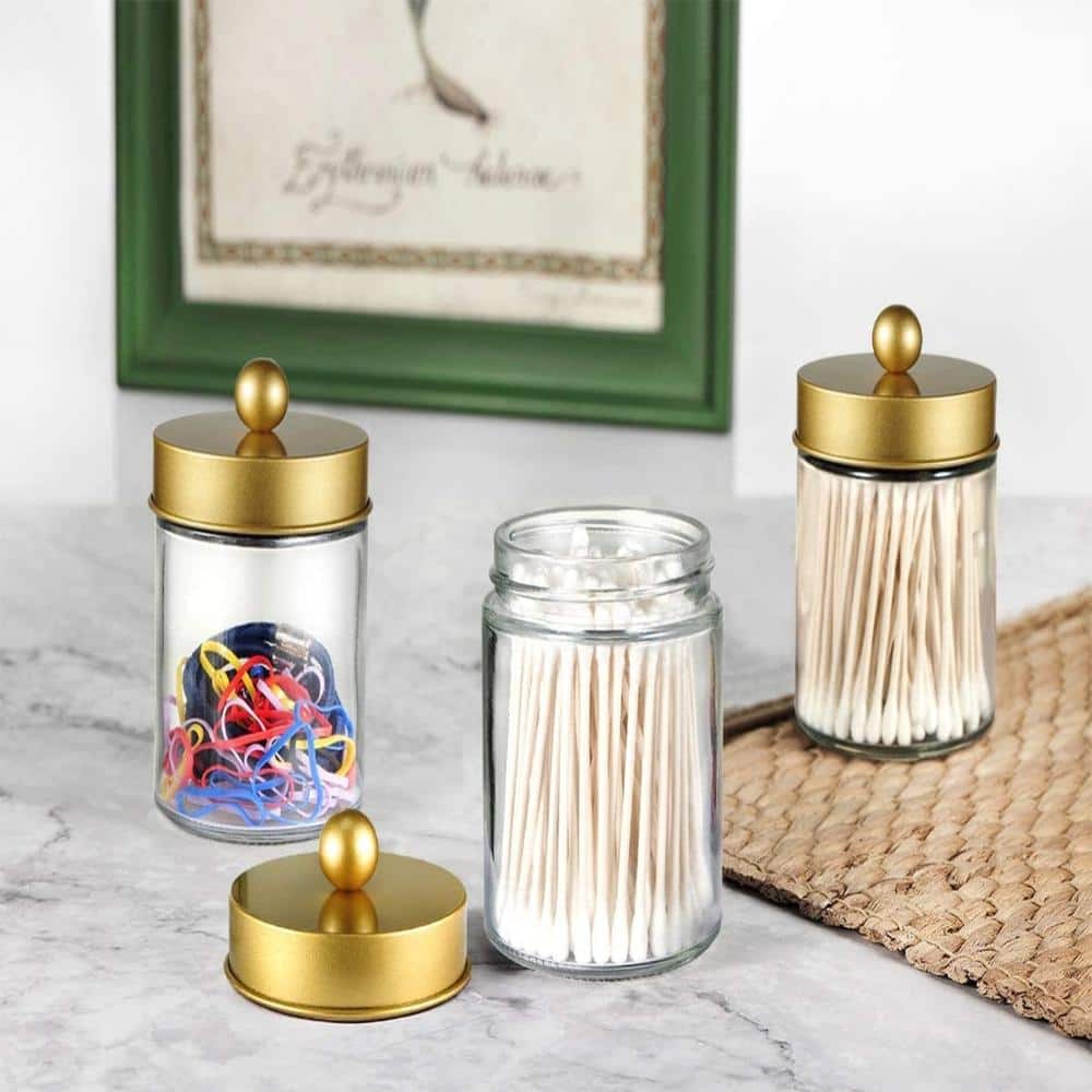 Unbranded 6-Pack Clear Glass Apothecary Jars with Gold Stainless Steel Lids for Cotton Swabs and Q-Tips Storage (2)