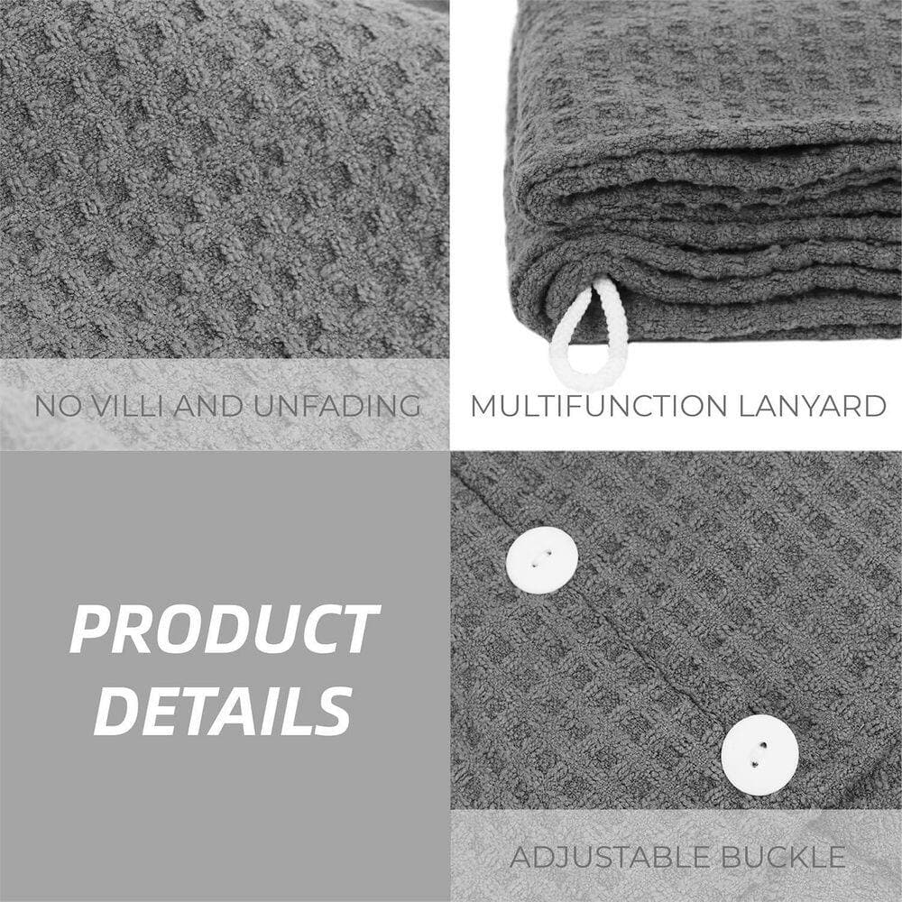 LAIFUCAM Gray Microfiber Hair Towel Wrap Super Absorbent Quick Dry Anti-Frizz Button Closure Waffle Bath Accessory 1 Pack (2)