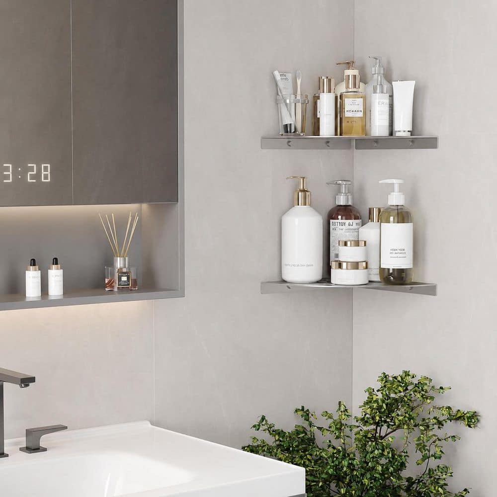 Unbranded 2 Pack 8 in. 304 Stainless Steel Corner Shower Shelf Brushed Nickel Drilling Bathroom Wall Organizer (3)