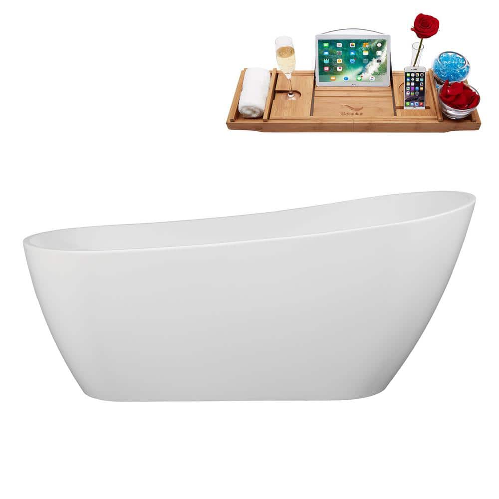 Streamline 67 in. x 29 in. Acrylic Freestanding Soaking Bathtub in Glossy White With Matte Black Drain, Bamboo Tray (1)