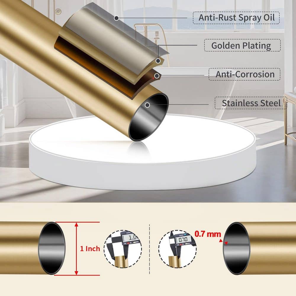 Numhew 82 in. Stainless Steel  Adjustable Tension Spring Shower Curtain Rod in Gold, No Drilling, Non-Slip, Rust-Proof (3)