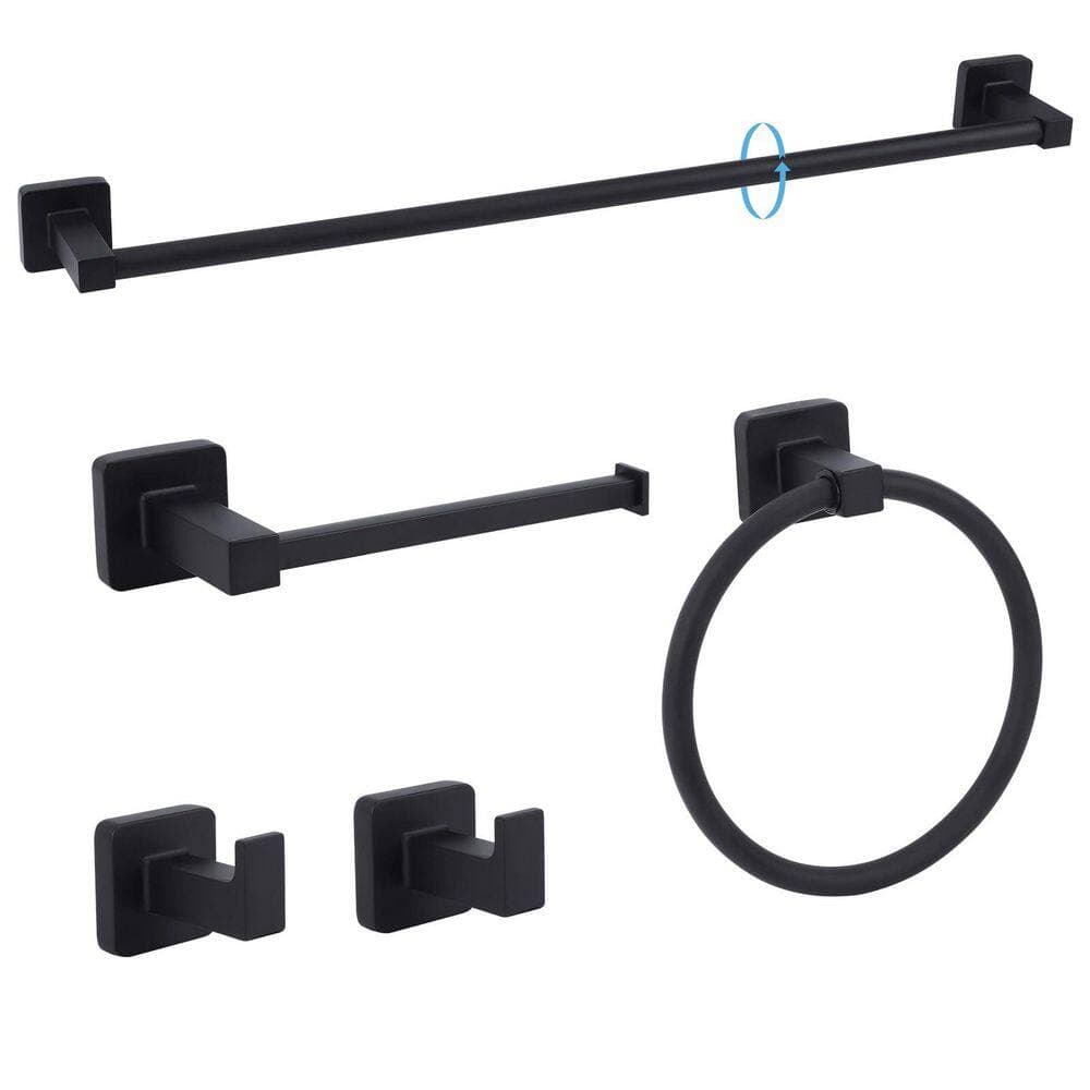 KHKFY 5-Piece Matte Black Wall Mounted Bathroom Hardware Set with 23.6 in Towel Bar, Toilet Paper Holder, Ring and Hooks (2)