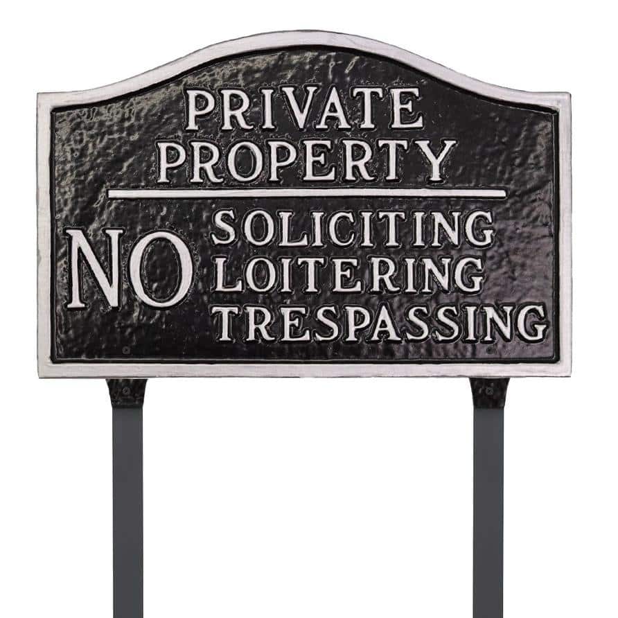 Montague Metal Products Private Property, No Soliciting, No Loitering Standard Statement Plaque with Lawn Stakes - Black/Silver (2)