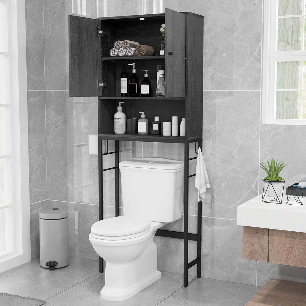 ANGELES HOME 25 in. W x 65 in. H x 9 in. D Black Over The Toilet Storage with 2-Doors and Adjustable Shelf (2)