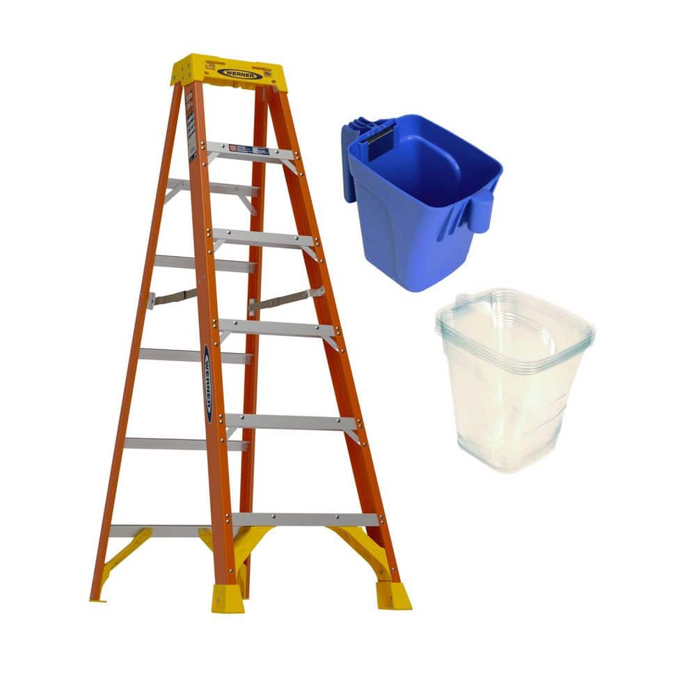 Werner 6 ft. Fiberglass Step Ladder with 300 lbs. Load Capacity Type IA Duty Rating and Lock-in Paint Cup and Liner Accessories