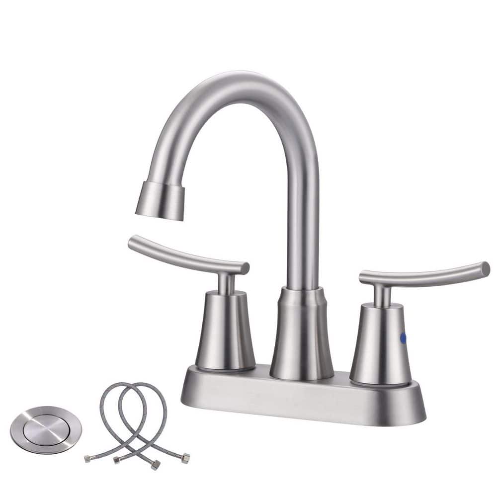 IVIGA 4 in. Centerset Double Handle High-Arc Bathroom Faucet with Supply Lines and Pop-Up Drain Kit Included in Brushed Nickel (1)