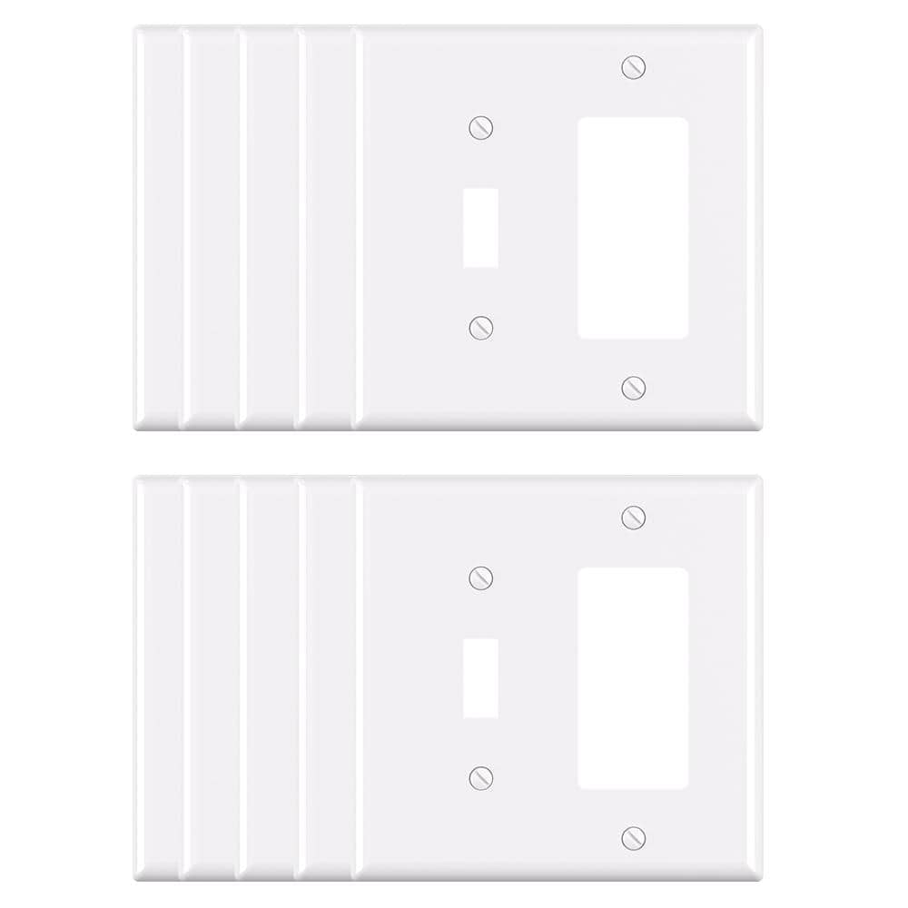 ELEGRP 2 Gang Midsize 1-Toggle/1-Decorator/Rocker Wall Plate, White (10-Pack) (1)