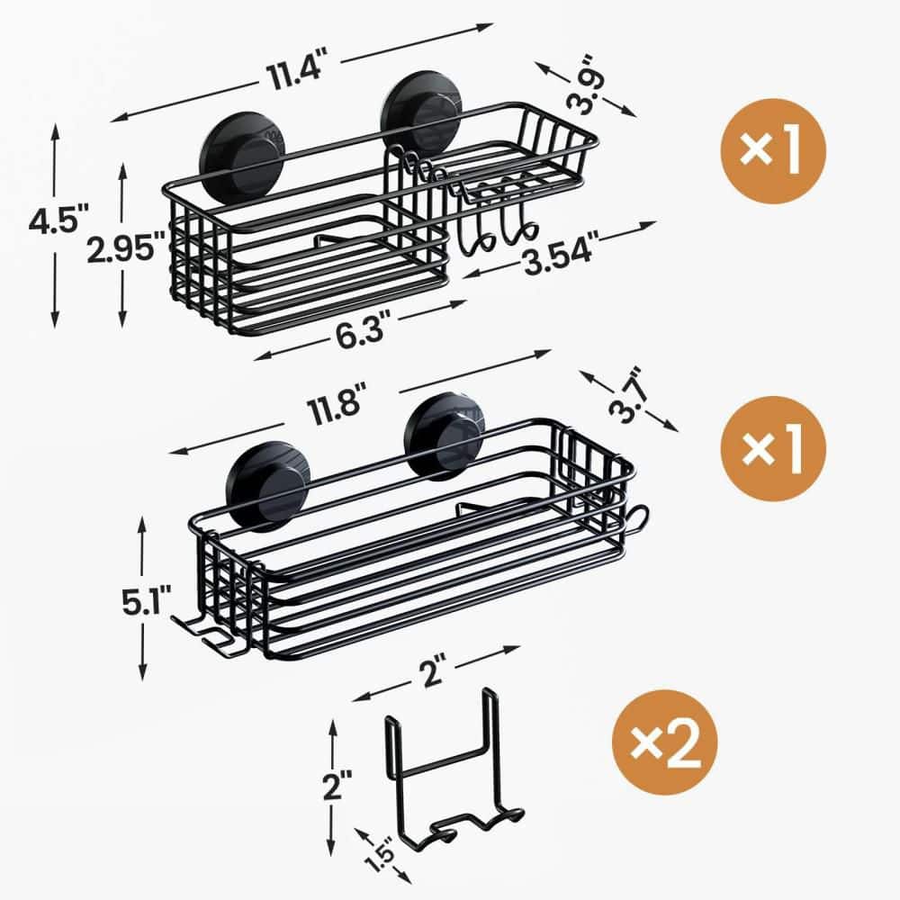 Numhew 2-Pack No-Drilling Rustproof Meatl Shower Storage Caddy for Inside Shower with Suction Cup, Hooks and Soap Holder, Black (2)