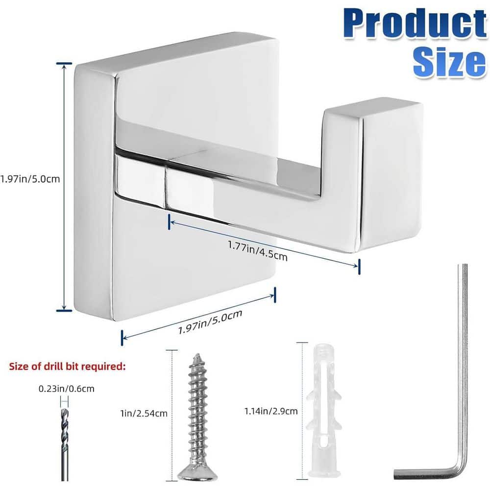 Wudkey Modern Square Wall Mounted Hooks, Bathroom Towel Hooks Chrome polished, Heavy Duty Stainless Steel Hook (2)